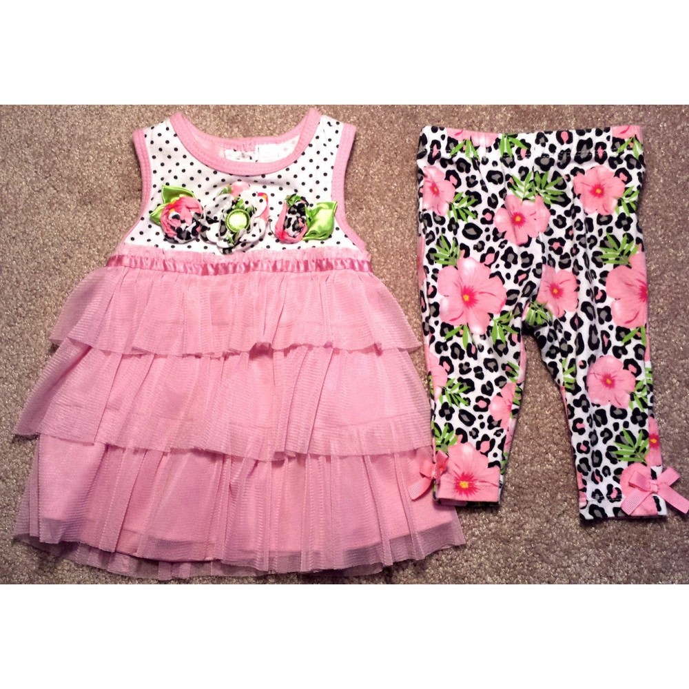 Girl's Size 12 M 9-12 Months Two Pc Baby HQ Pink Tulle Satin Floral Top & Capris